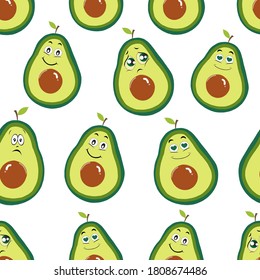 Avocados with cute expressions seamless pattern