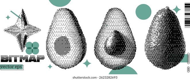 Avocados are depicted in a unique vector and bitmap style with dotted textures and abstract shapes. This artwork highlights a fusion of y2k aesthetics and dada influences in a playful manner.
