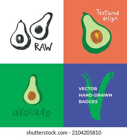 Avocados drawing in pencil hand-drawn style. Green avocado illustration. Avocado oil icon. Vegan restaurant logo, vegetarian symbol. Organic food sign. Cartoon vegetable. Vector sign avocados isolated