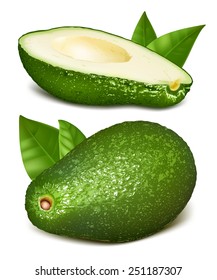 Avocados mit Blättern. Vektorgrafik