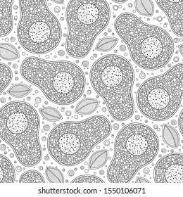 Avocados  Seamless pattern. Background with California tropical fruit. Black and white Hand drawn illustration.