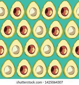 Avocados Seamless Surface Pattern, Avocado Fruit  Healthy Food on Blue Green Repeat Pattern for Home Textile, Kitchen, Textile Design, Fabric Printing, Fashion, Wallpaper or Background