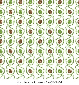 Avocados Vector Seamless pattern. Background with California tropical fruit. Hand drawn Green Avocado illustration