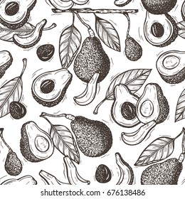 Avocados Vector Seamless pattern. Hass avocado or Bilse avocado variety. Background with California tropical fruit. Black and white Hand drawn illustration.