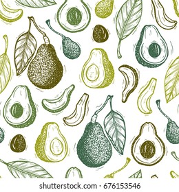 Avocados Vector Seamless pattern. Hass avocado or Bilse avocado variety. Background with California tropical fruit. Hand drawn illustration