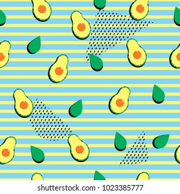 Avocado.Seamless pattern.Memphis trendy art. Abstract pattern in yellow and green colors. Texture in Memphis retro style. Fabric, prints, background.