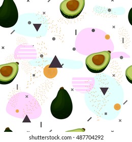Avocado.Seamless pattern.Memphis trendy art.Abstract pattern in pink and mint colors on white background.Retro style repeating background. Texture in Memphis retro style. Fabric, prints, background. 