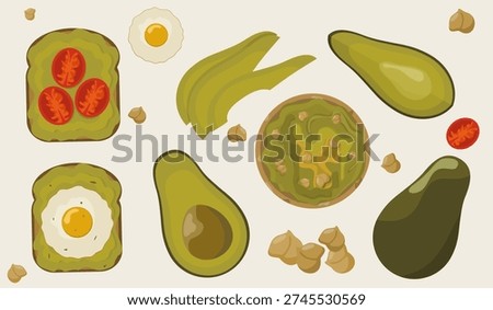 Avocado-themed food illustrations featuring sliced avocados, guacamole in a bowl, toast with avocado and tomato slices, and toast with avocado and a fried egg.