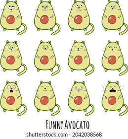 Texto de aguacate. Un gato aguacate. Conjunto de emociones. Gracioso aguacate de caricatura con boquilla de gato, orejas y cola. Ilustración vectorial aislada en blanco. Emoji de dibujos animados. Conjunto de emoticonos. Emoji