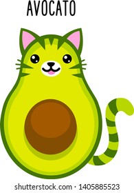 Texto de aguacate. Cute caricatura aguacate con boquilla de gato, orejas y cola. Ilustración vectorial aislada en blanco.