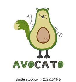 Texto de aguacate. Gracioso aguacate de caricatura con boquilla de gato, orejas y cola. Ilustración vectorial aislada en blanco.