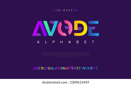 Avode colorful abstract digital technology logo font alphabet. Minimal modern urban fonts for logo, brand etc. Typography typeface uppercase lowercase and number. vector illustration