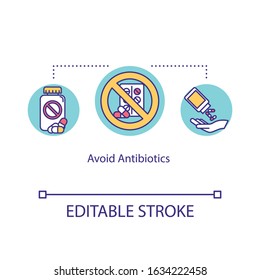 Avoid antibiotics concept icon. Not effective influenza treatment. Antibacterial remedy. Pharmacology idea thin line illustration. Vector isolated outline RGB color drawing. Editable stroke