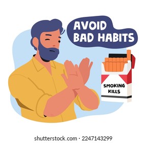 Avoid Bad Habits Banner with Man Shop Stop Gesture for Cigarette Box. Male Character Healthy Lifestyle, Immunity Boost, Give Up Smoking Motivation. Cartoon People Vector Illustration