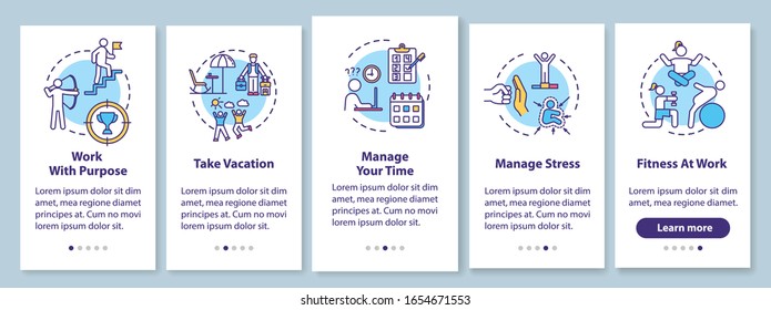 Avoid burnout onboarding mobile app page screen with concepts. Take vacation. Work satisfaction walkthrough 5 steps graphic instructions. UI vector template with RGB color illustrations