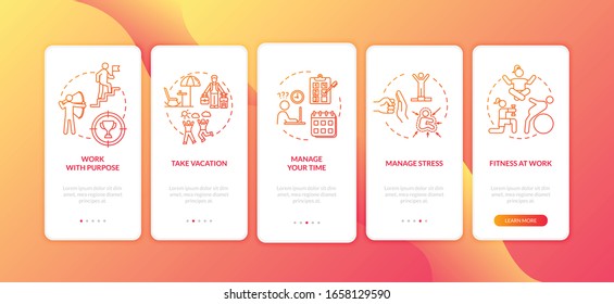 Avoid burnout onboarding mobile app page screen with concepts. Stretching and meditating. Health care walkthrough 5 steps graphic instructions. UI vector template with RGB color illustrations