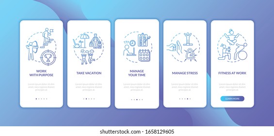 Avoid burnout onboarding mobile app page screen with concepts. Healthcare at work. Planning work walkthrough 5 steps graphic instructions. UI vector template with RGB color illustrations