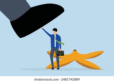 Avoid business mistake, trust businessman hero protection from slippery banana peel.