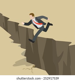 Avoid business problem trouble overcome obstacle crisis risk concept flat 3d web isometric infographic vector. Businessman jump over earth ground crack rift. Creative people collection.