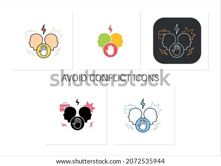 Avoid conflict icons set. Aggravating conflict between two persons. Fight.Misunderstanding concept. Collection of icons in linear, filled, color styles.Isolated vector illustrations