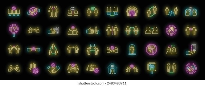 Avoid contact icons set outline vector. Touch handle. Door surface neon color on black