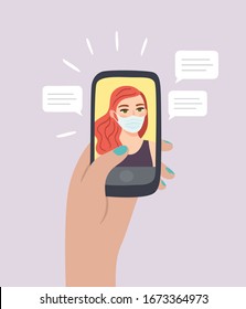 Avoid Contact With Other People But Stay In Touch By Phone Or On Social Media. Self-isolation And Self-quarantine To Help Stop The Spread Of COVID-19. Woman With Face Mask In Online Chat. Public Panic