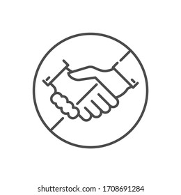 Avoid Contact related vector thin line icon. Prohibition sign shaking hands. Isolated on white background. Editable stroke. Vector illustration.