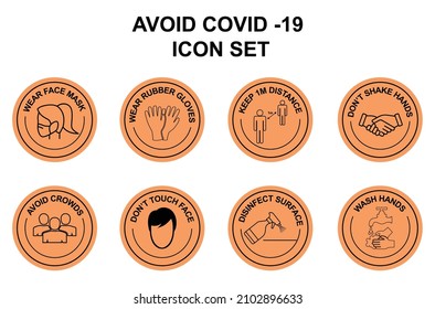 avoid covid 19 workplace icon set wear masks, wear gloves, keep 1m distance, don't shake hands, avoid crowds, don't touch the face, wash hands, disinfect surface icon vector