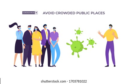 Avoid Crowded Place Banner, Coronavirus Protection Vector Illustration. Masked Man Move Away From Group People To Avoid Infected With Virus. Man And Woman Stand Next To Enlarged Bacteria.