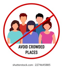Avoid crowded places concept vector illustration. People inside red forbidden sign in flat design.
