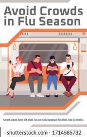 Evite las multitudes en la plantilla de afiches de la temporada de gripe. Diseño de volante comercial con ilustración semiplana. Tarjeta promocional de dibujos animados. Precauciones sanitarias durante la invitación a la publicidad epidémica