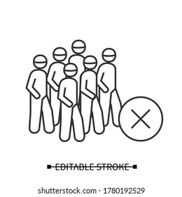 Avoid crowds icon. People gathering with negative linear pictogram. Concept of covid regulations and disease prevention recommendations. Editable stroke vector illustration for sticker and healthcare