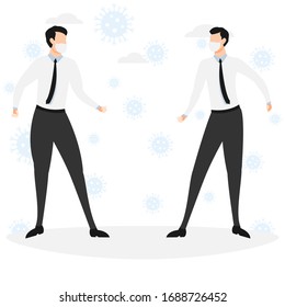 Avoid crowds people concept. Businessmen wearing medical masks. Disease, flu, contaminated air, world pollution, pandemic concept . Vector illustration in a flat style isolated on white