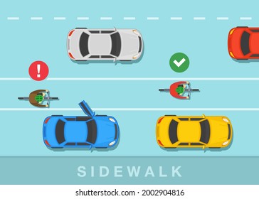 Avoid the door zone rule. Correct and wrong bicycle driving. Car and bicycle rider on city road. Driver is opening car door. Top view. Flat vector illustration template.