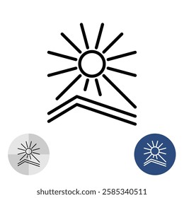 Avoid exposure to sunlight icon. Keep away from sun light symbol. Store in a dark place. Sun is shining on a building roof black line simple icon. Editable stroke.