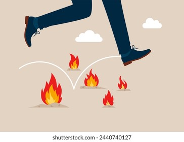 Evite el fuego, la adversidad y valiente para saltar el error o el fracaso del negocio, la habilidad y resolver el problema. Ilustración vectorial plana