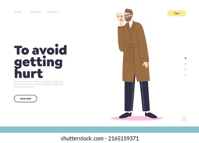 Avoid getting hurt concept of landing page with unhappy man putting on social face mask with fake positive emotion to hide real sad feelings behind. Cartoon flat vector illustration