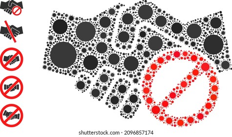 Vermeiden Sie das Mosaiksymbol von Hand. Vektormosaik aus randomisierten Coronavirus-Elementen. Die Coronavirus-Collage vermeiden Sie Handshake-Symbol und Bonussymbole. Vermeiden Sie Handshake-Collage für pandemische Vorlagen.