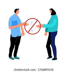 Avoid handshakes and physical contact when meeting during outbreak and Stay safe.Coronavirus pandemic,prevent second wave,healthcare vector illustration.Virus transmission.Covid-19.Flat man and woman.