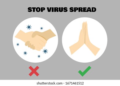 Avoid Handshaking to Prevent Spread of Coronavirus. Wai or Namaste keep social distance. Flat Vector Illustration. New normal and Social Distancing Concept.