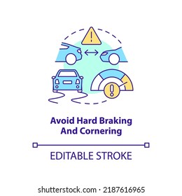 Avoid hard braking and cornering concept icon. Driving safety for commercial drivers abstract idea thin line illustration. Isolated outline drawing. Editable stroke. Arial, Myriad Pro-Bold fonts used