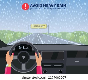 Evite las lluvias torrenciales, su visibilidad se verá muy reducida. Manos conduciendo el volante. Conducción en una ilustración de vectores de carretera lluviosa y resbaladiza.