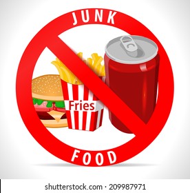 avoid junk food poster with fries burger cold drink icons - vector eps10