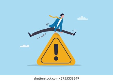Avoid mistake or problem prevention, escape or dodge from risk, danger or hazard warning, challenge or solution to solve problem, preparation concept, businessman jump over mistake caution sign.