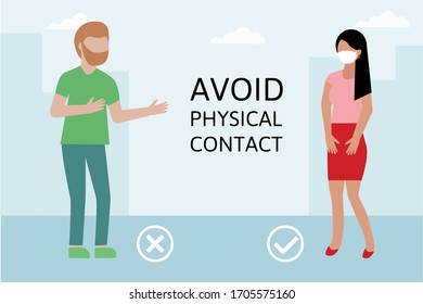avoid physical contact and to practice social distancing: coronavirus covid-19 prevention. outbreak spreading concept. Man holding out his hand, woman wear mask. Medical vector illustration