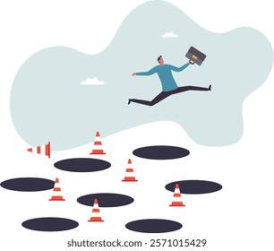 Avoid pitfall, adversity and brave to jump pass mistake or business failure, skill and creativity to solve problem.business concept.flat character.