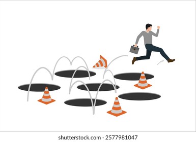 Avoid pitfall, adversity and brave to jump pass mistake or business failure, skill and creativity to solve problem concept, smart businessman jump pass many pitfalls to achieve business success.
