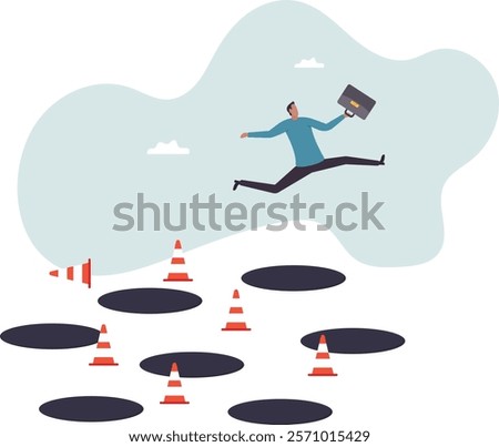 Avoid pitfall, adversity and brave to jump pass mistake or business failure, skill and creativity to solve problem.business concept.flat character.