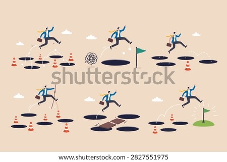 Avoid pitfall, adversity and brave to jump pass mistake or business failure, skill and creativity to solve problem concept, smart businessman jump pass man VECTOR