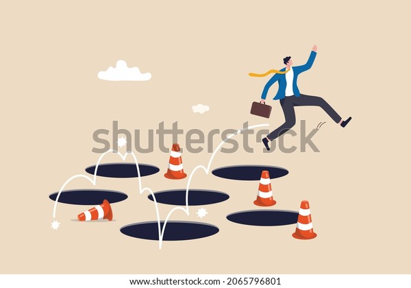 Avoid pitfall, adversity and brave to jump pass\
mistake or business failure, skill and creativity to solve problem\
concept, smart businessman jump pass many pitfalls to achieve\
business success.